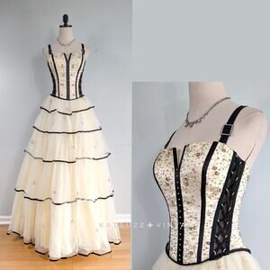 Vintage Prom Dress 8 Yellow Maxi Ball Gown Y2K Fairy Princess Goth Corset Bead